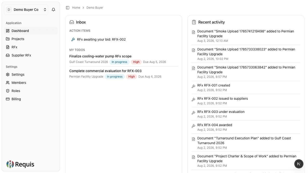 The Requis procurement dashboard showing an inbox of action items and recent sourcing activity